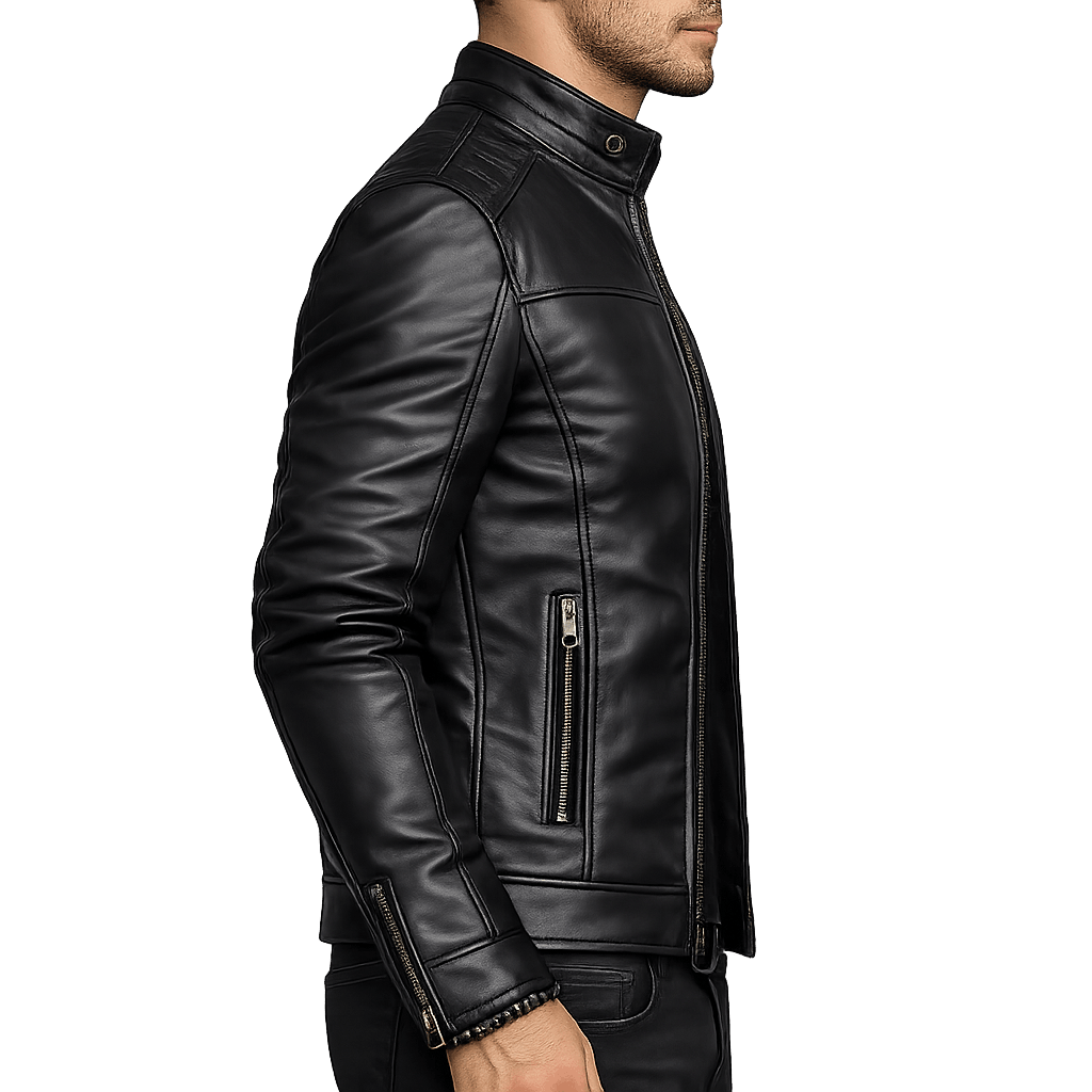 Men's Black Cowhide High Collar Leather Jacket