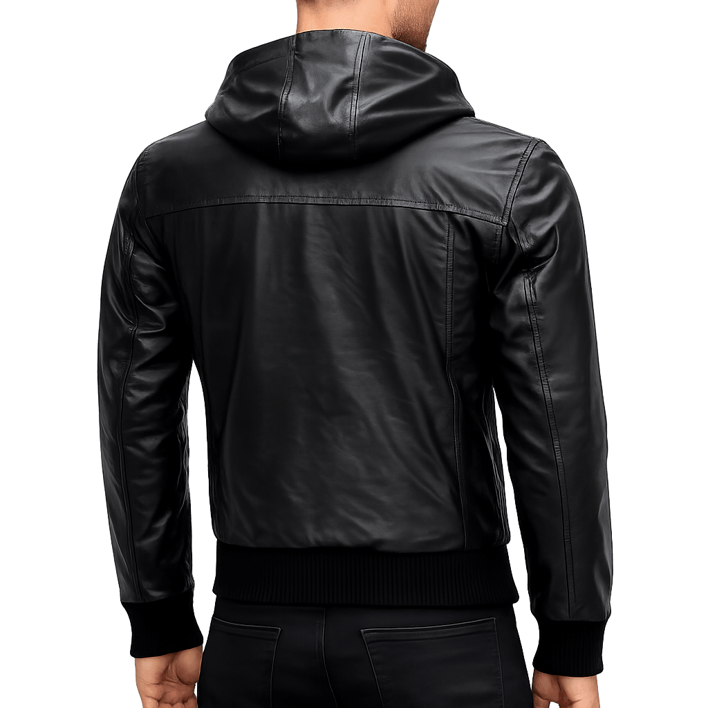 Men's Black Hoodie Leather Jacket