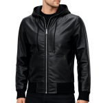 Men's Black Hoodie Leather Jacket