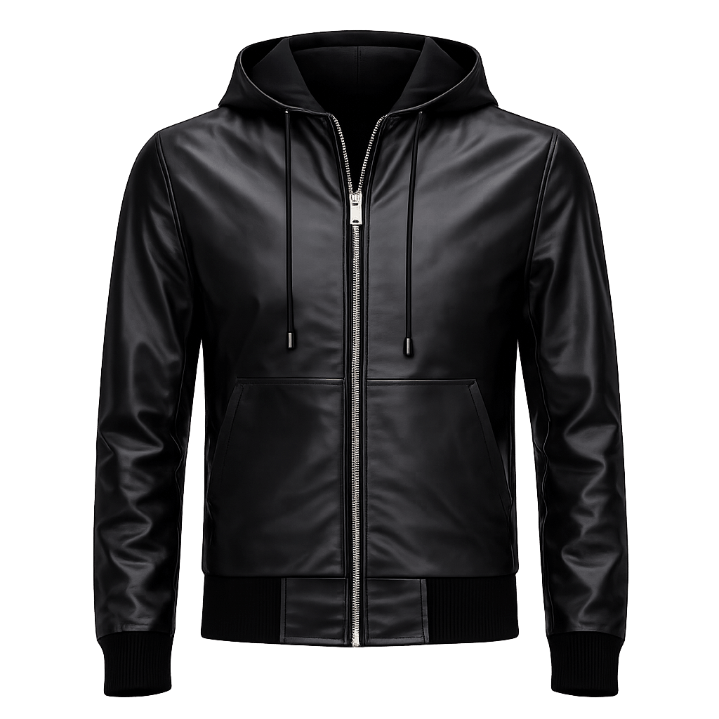 Men's Black Hoodie Leather Jacket