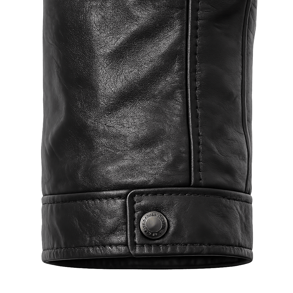 Close-up of a black leather jacket cuff with a round snap button and stitched edge
