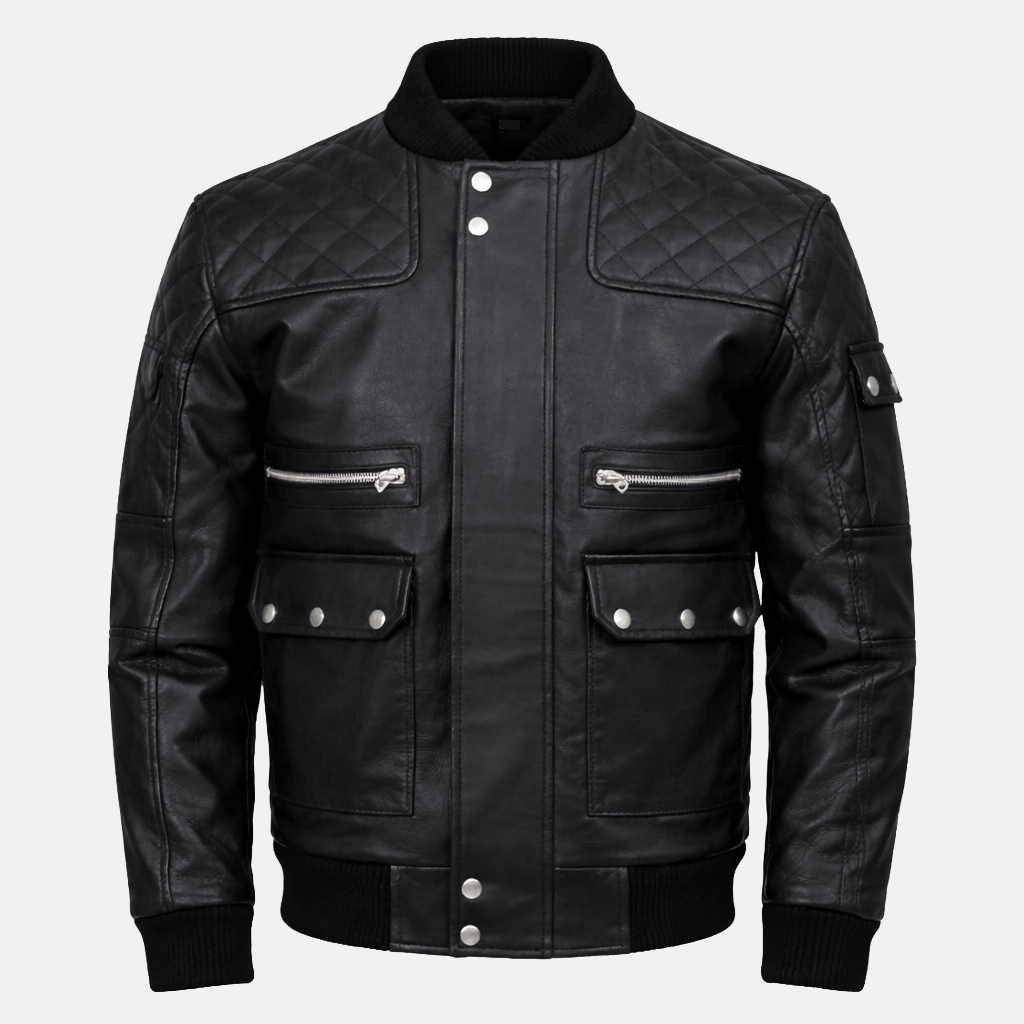 Men's Work Wear Black Bomber Leather Jacket