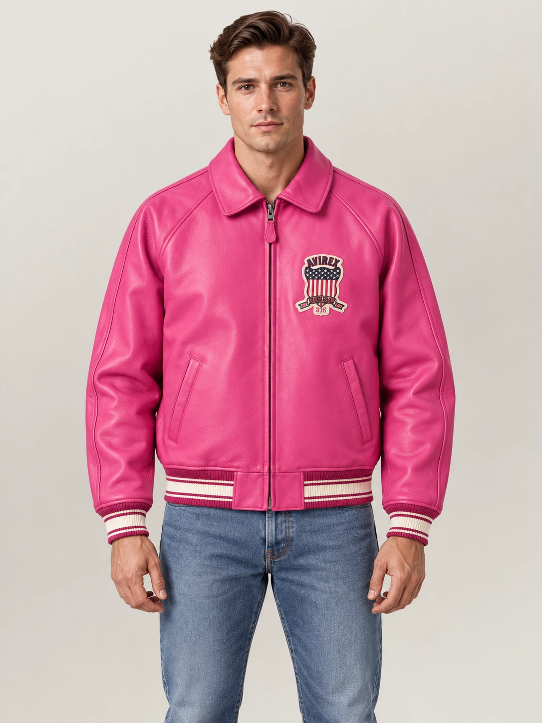 Men’s Avirex Real Leather Jacket Berry Flight Bomber American Varsity