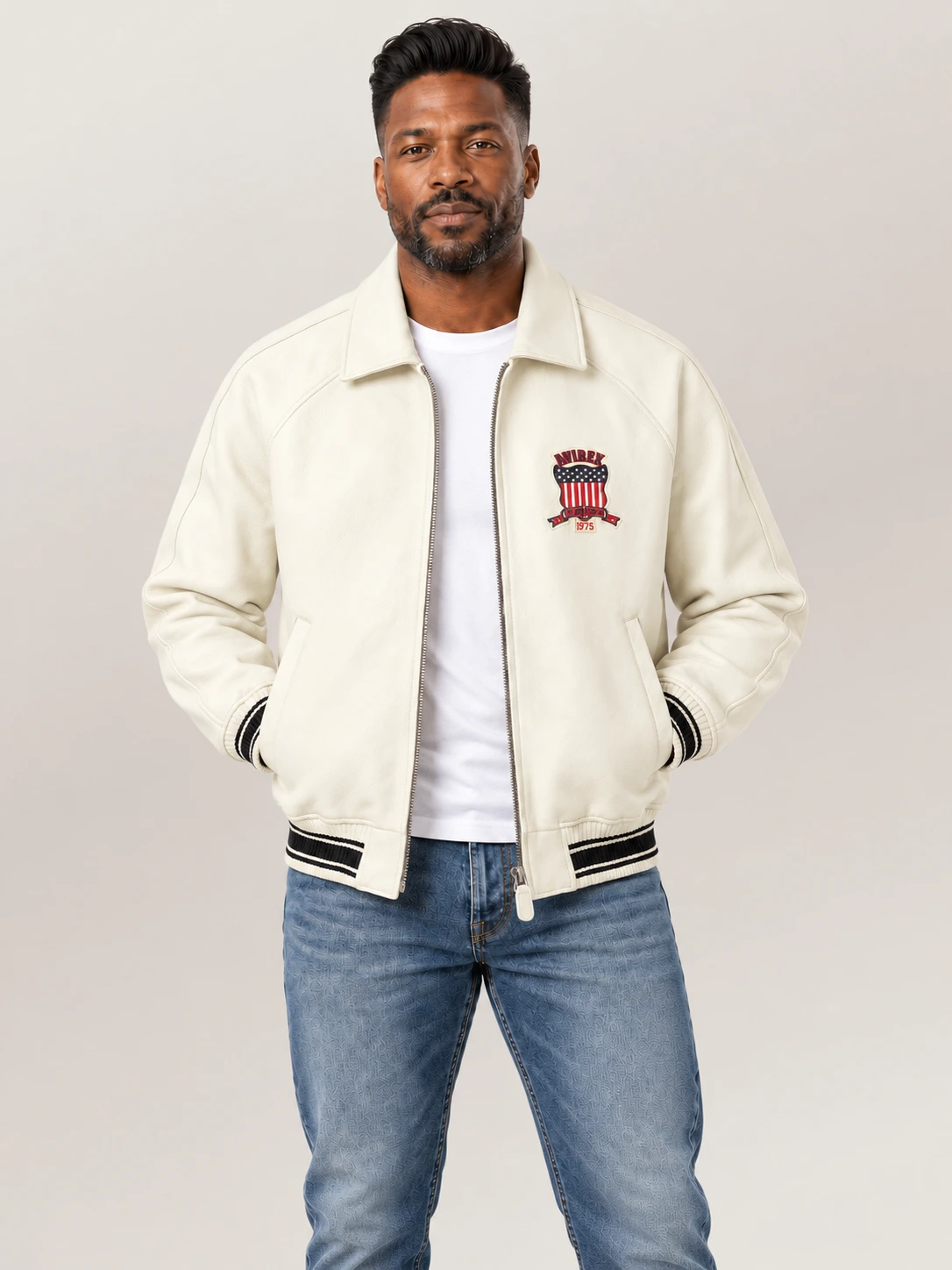 Men’s Avirex Real Leather Jacket White Flight Bomber American Varsity