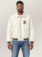 Men’s Avirex Real Leather Jacket White Flight Bomber American Varsity