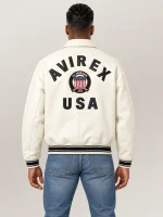 Men’s Avirex Real Leather Jacket White Flight Bomber American Varsity
