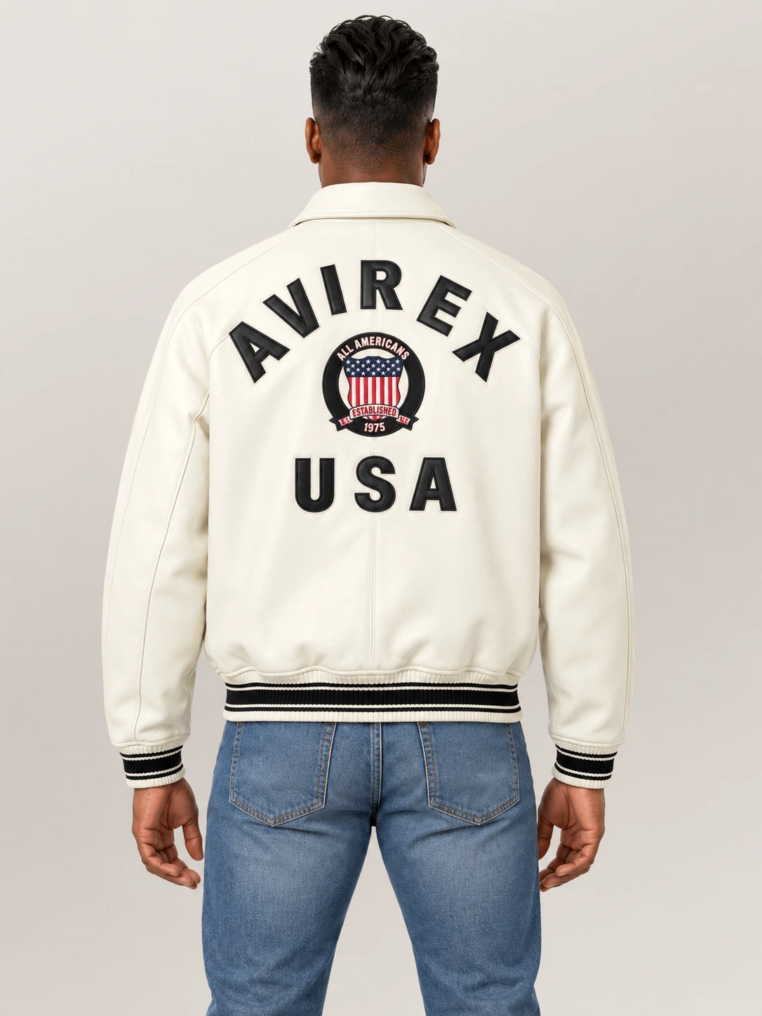 Men’s Avirex Real Leather Jacket White Flight Bomber American Varsity