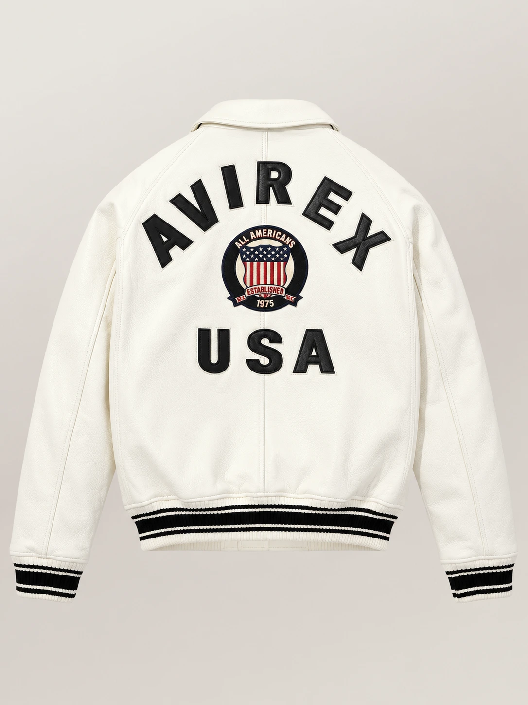 Men’s Avirex Real Leather Jacket White Flight Bomber American Varsity