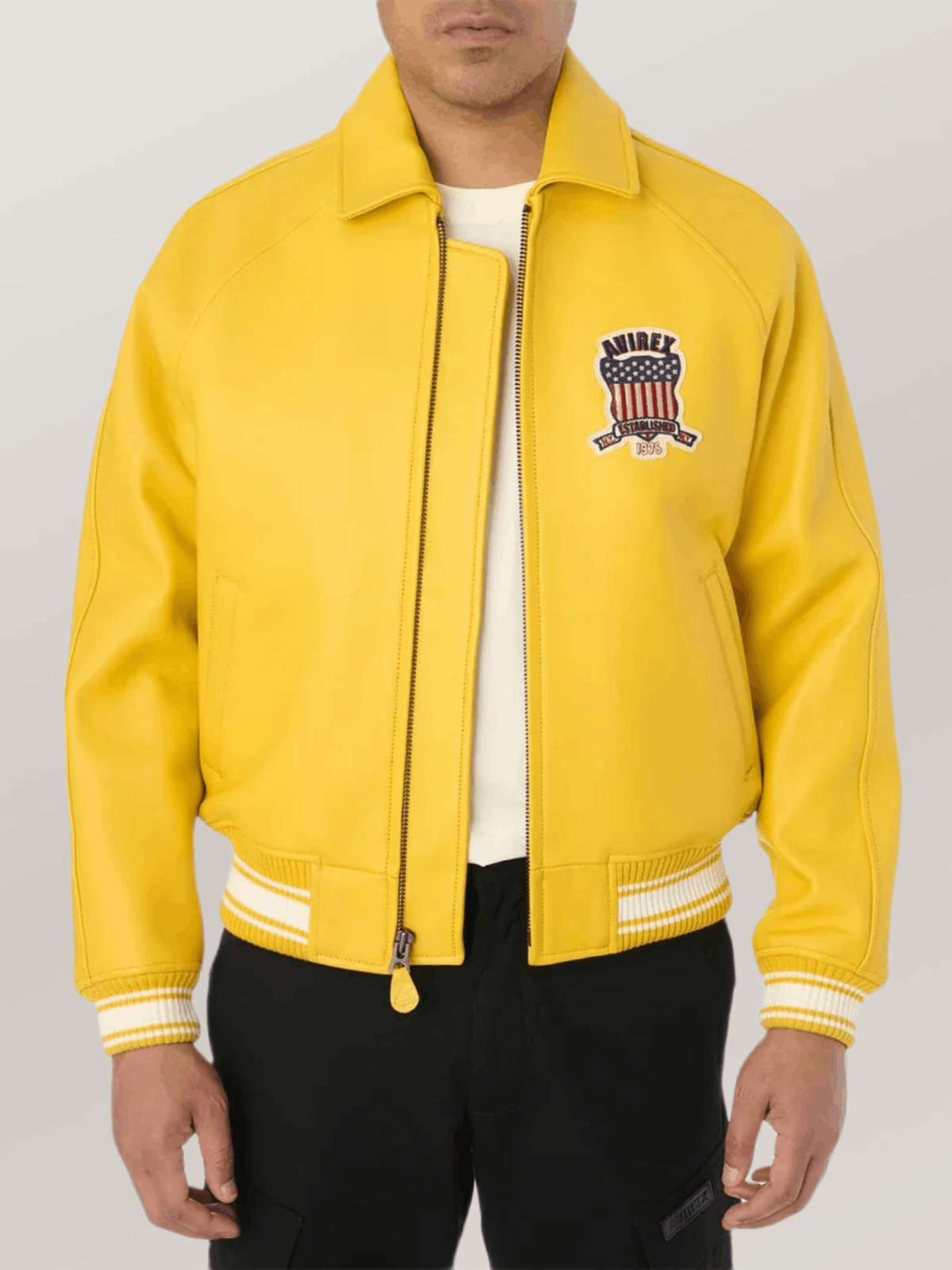 Men’s Avirex Real Leather Jacket Mustard Flight Bomber American Varsity