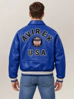 Men’s Avirex Real Leather Jacket Blue Flight Bomber American Varsity