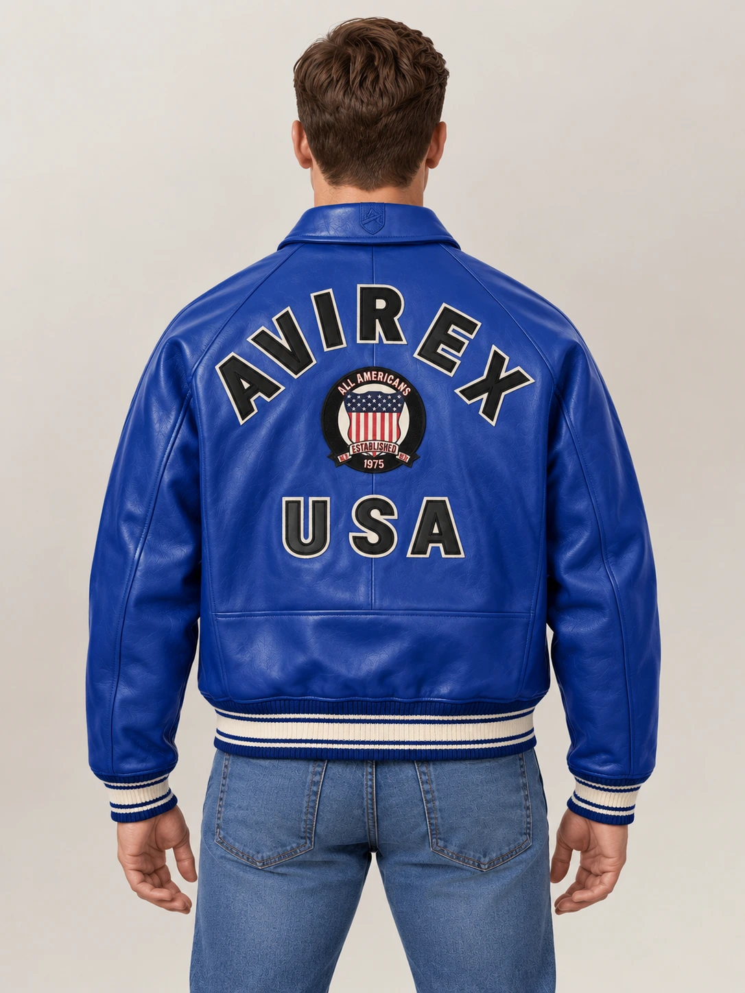Men’s Avirex Real Leather Jacket Blue Flight Bomber American Varsity