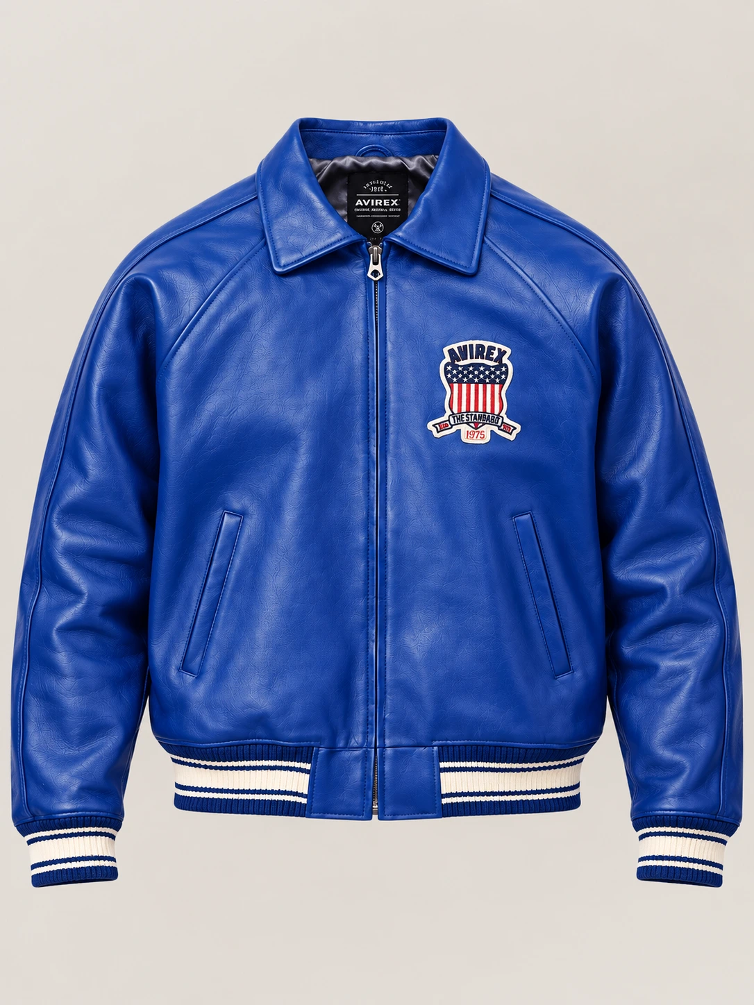 Men’s Avirex Real Leather Jacket Blue Flight Bomber American Varsity