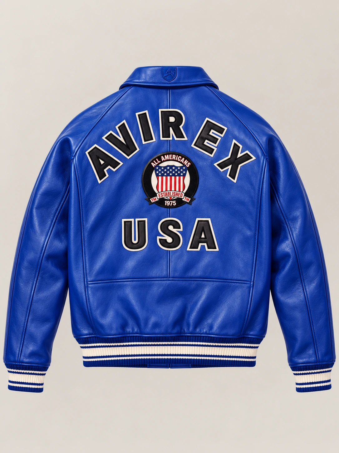 Men’s Avirex Real Leather Jacket Blue Flight Bomber American Varsity