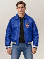 Men’s Avirex Real Leather Jacket Blue Flight Bomber American Varsity
