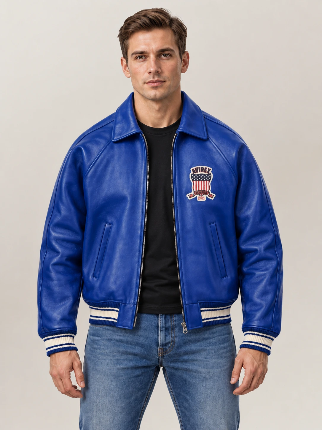 Men’s Avirex Real Leather Jacket Blue Flight Bomber American Varsity