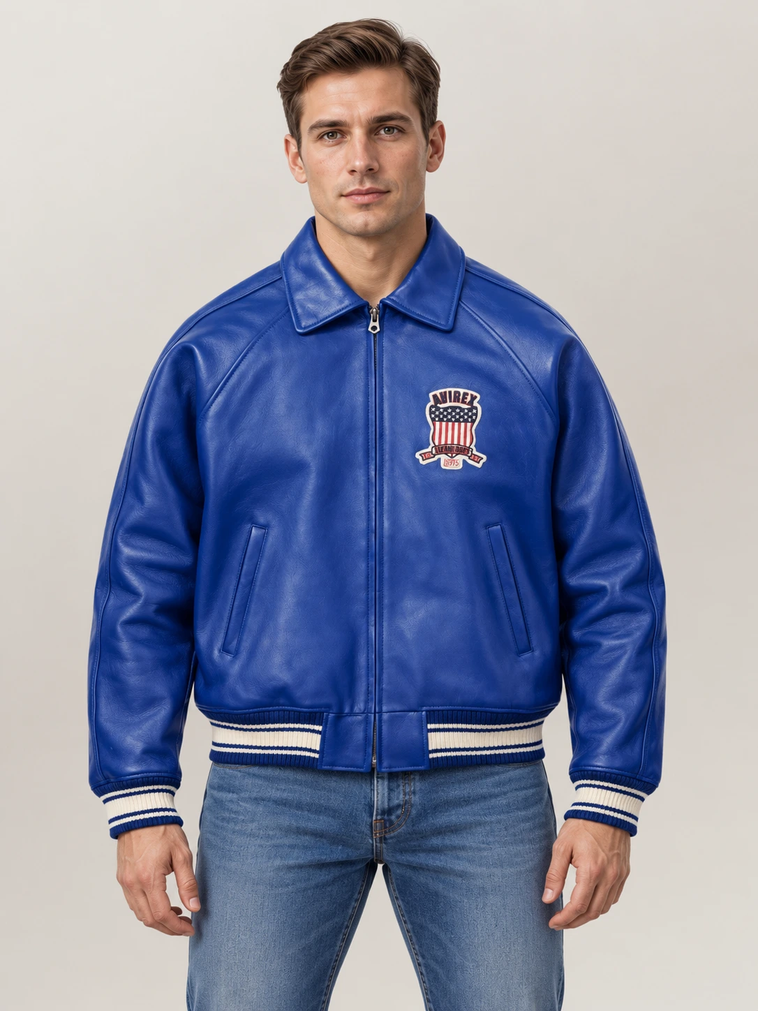 Men’s Avirex Real Leather Jacket Blue Flight Bomber American Varsity