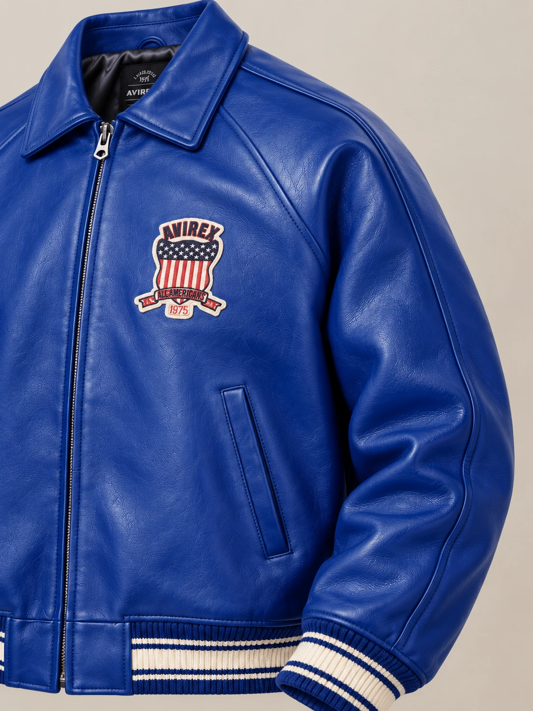 Men’s Avirex Real Leather Jacket Blue Flight Bomber American Varsity
