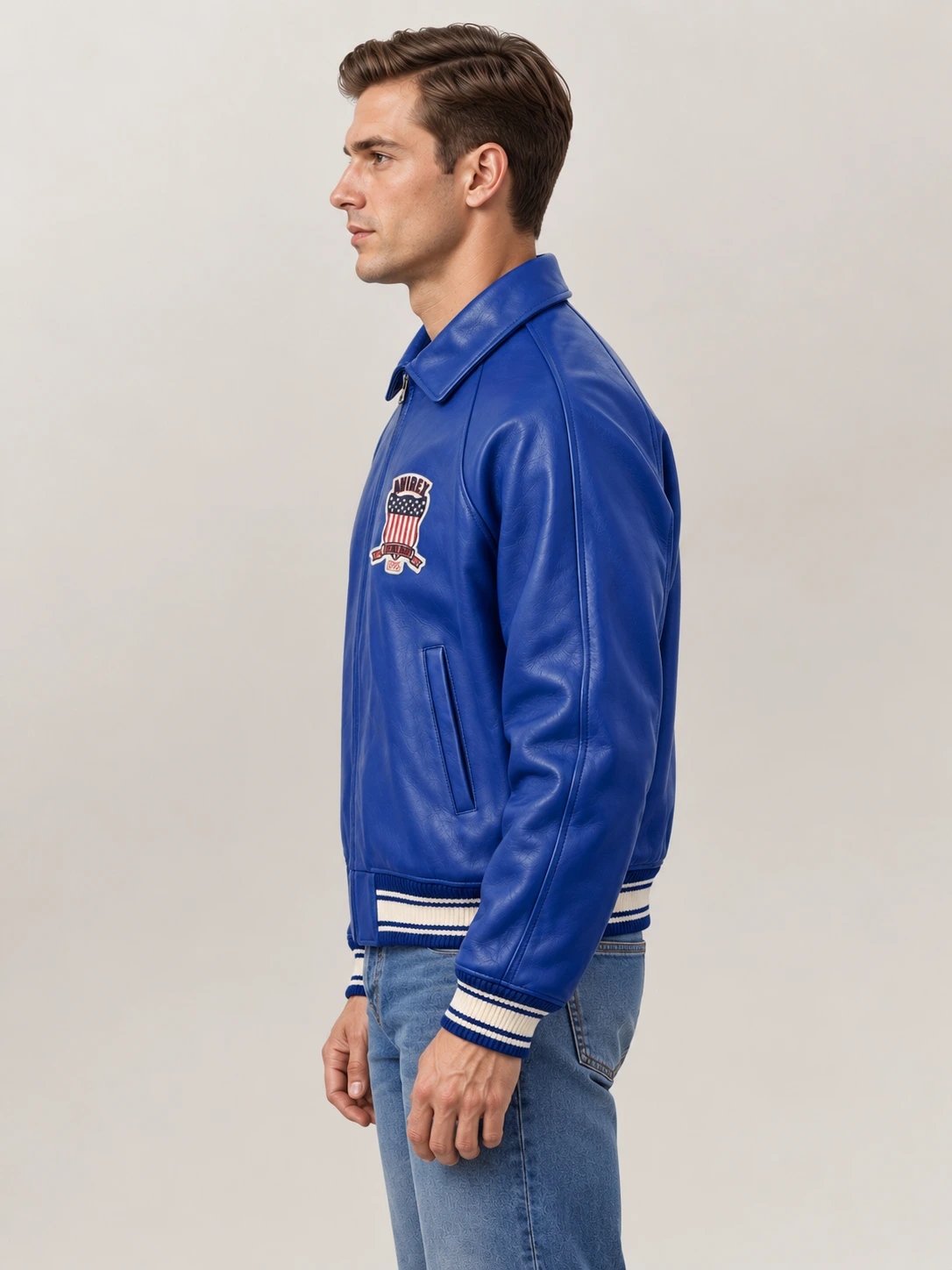 Men’s Avirex Real Leather Jacket Blue Flight Bomber American Varsity