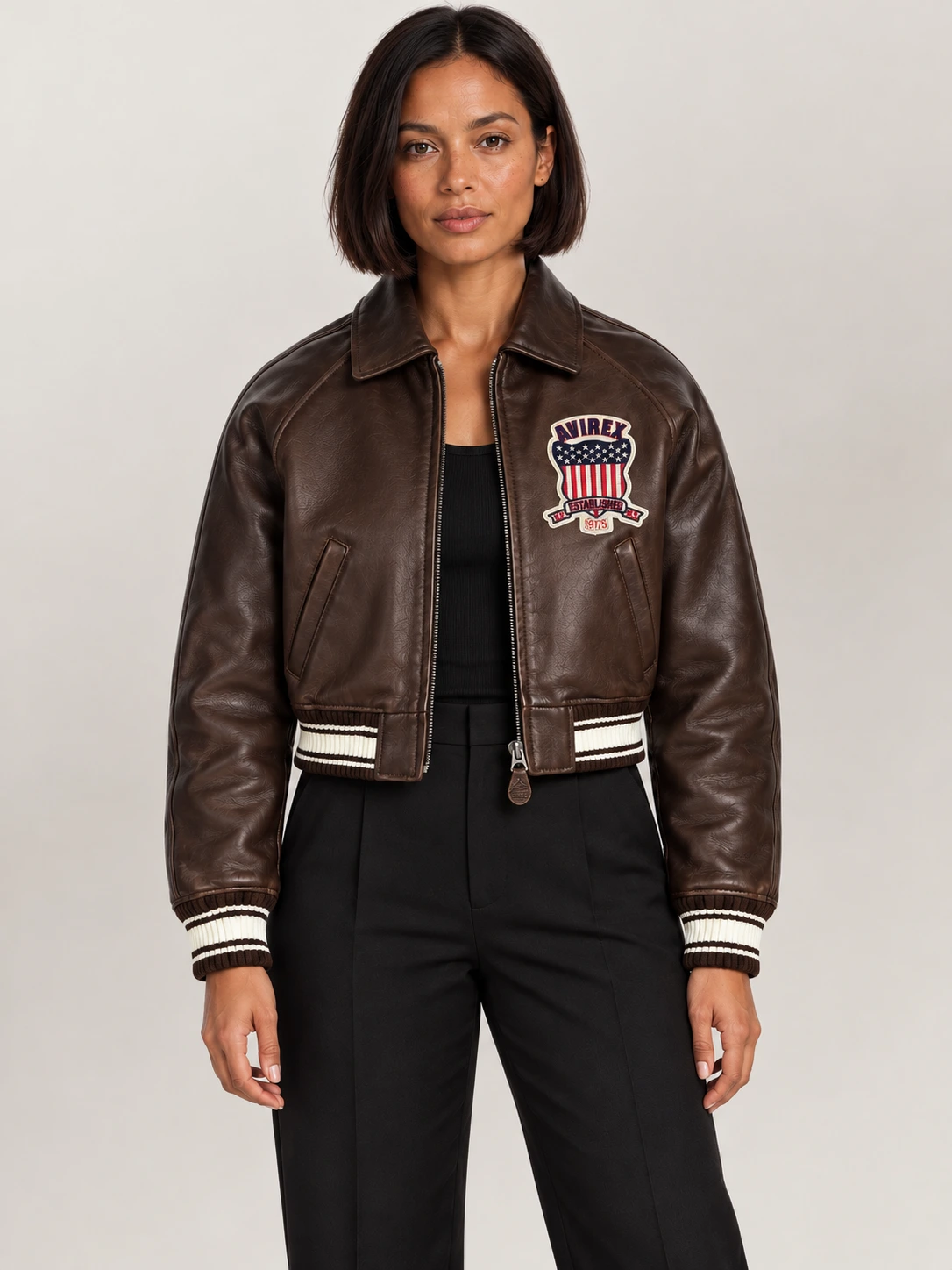 Women’s Avirex Cropped Icon Brown Bomber Jacket