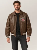 Men’s Avirex Real Leather Jacket Brown Flight Bomber American Varsity