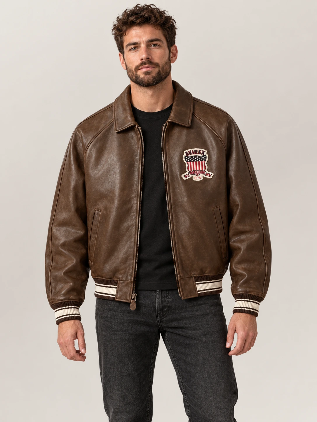 Men’s Avirex Real Leather Jacket Brown Flight Bomber American Varsity