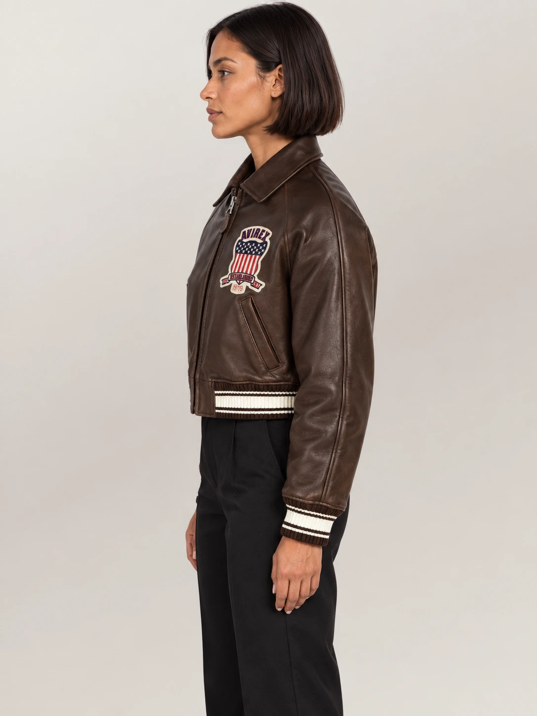 Women’s Avirex Cropped Icon Brown Bomber Jacket