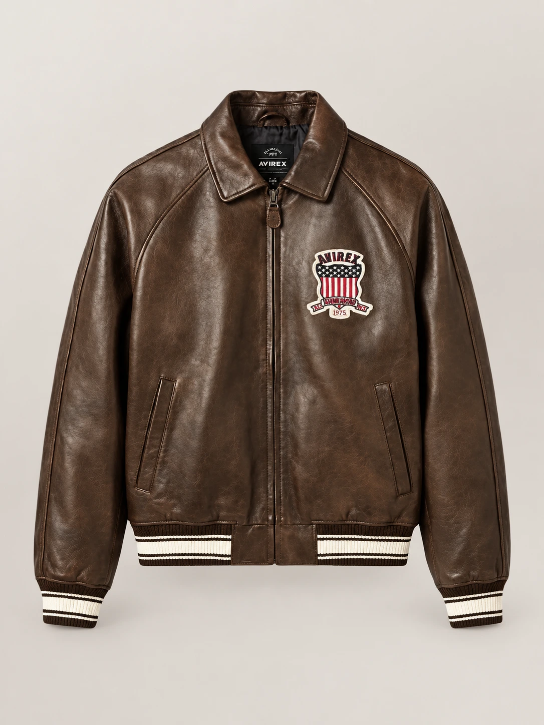 Men’s Avirex Real Leather Jacket Brown Flight Bomber American Varsity