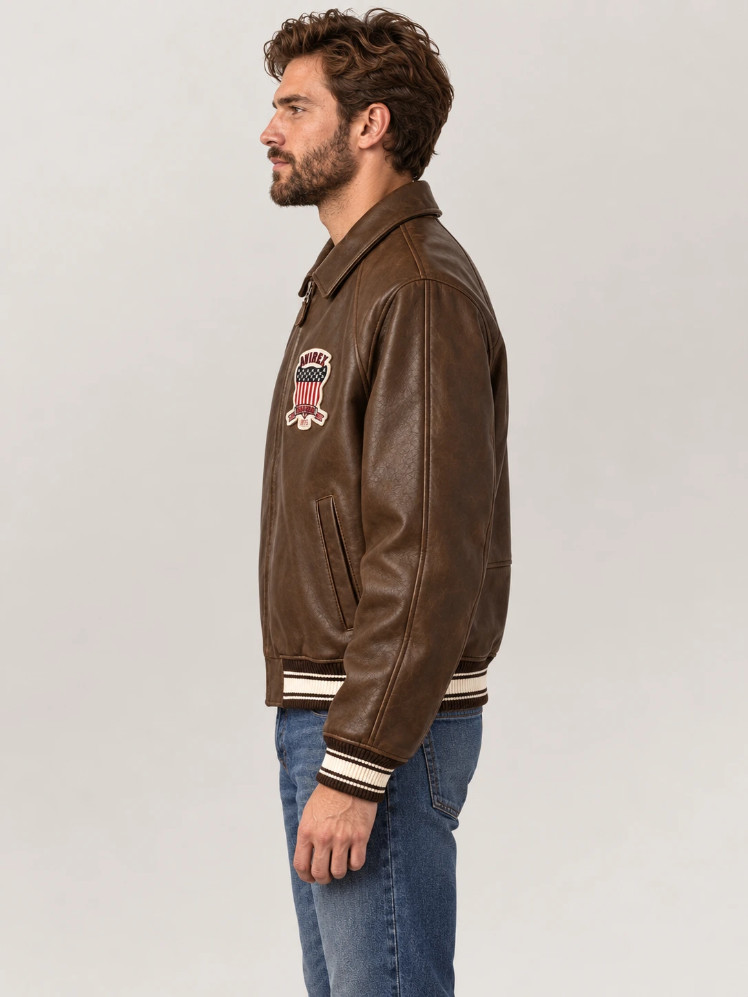 Men’s Avirex Real Leather Jacket Brown Flight Bomber American Varsity