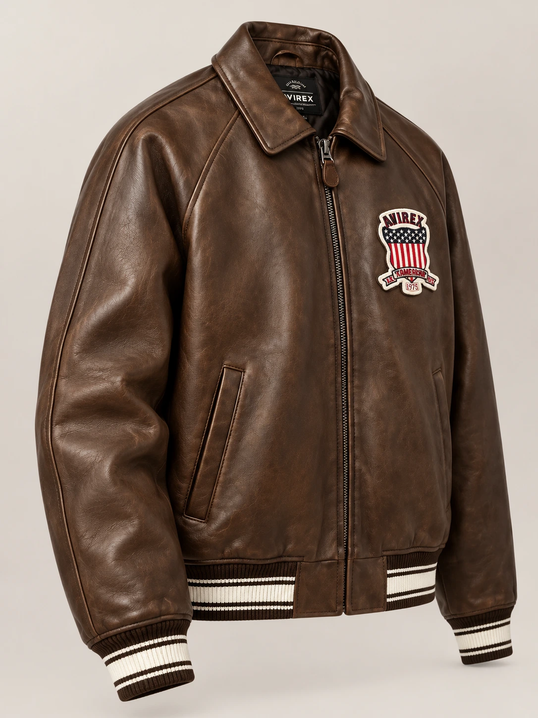 Men’s Avirex Real Leather Jacket Brown Flight Bomber American Varsity