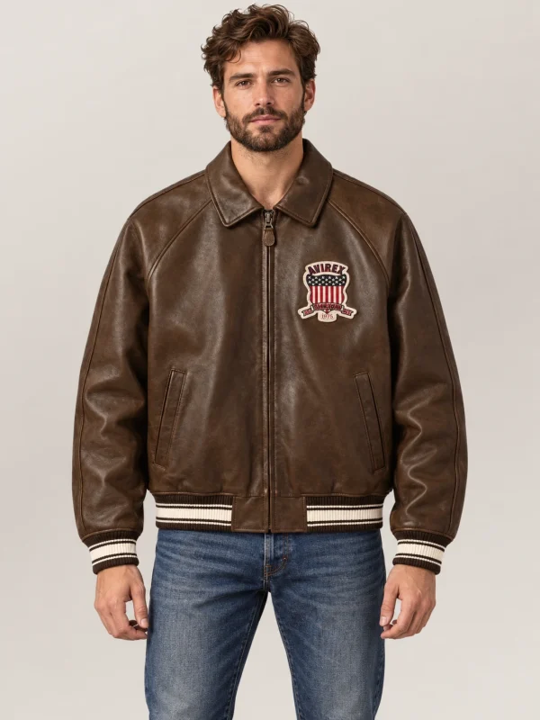 Men’s Avirex Real Leather Jacket Brown Flight Bomber American Varsity