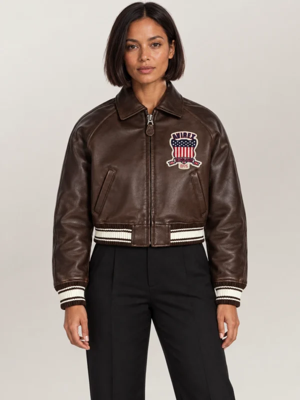 Women’s Avirex Cropped Icon Brown Bomber Jacket