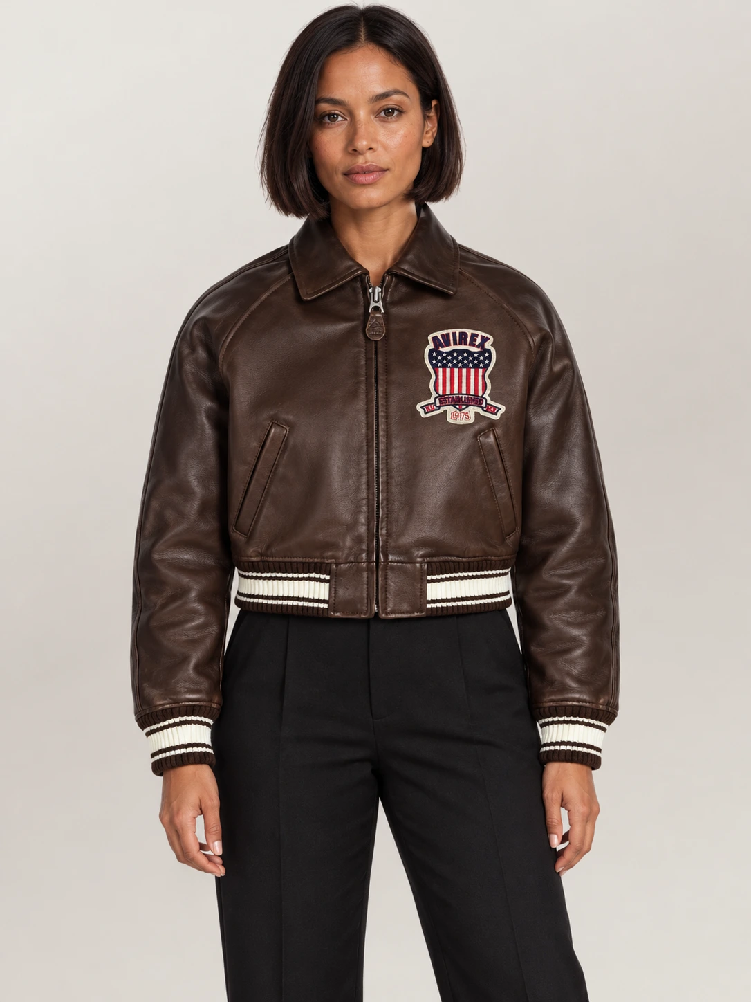 Women’s Avirex Cropped Icon Brown Bomber Jacket