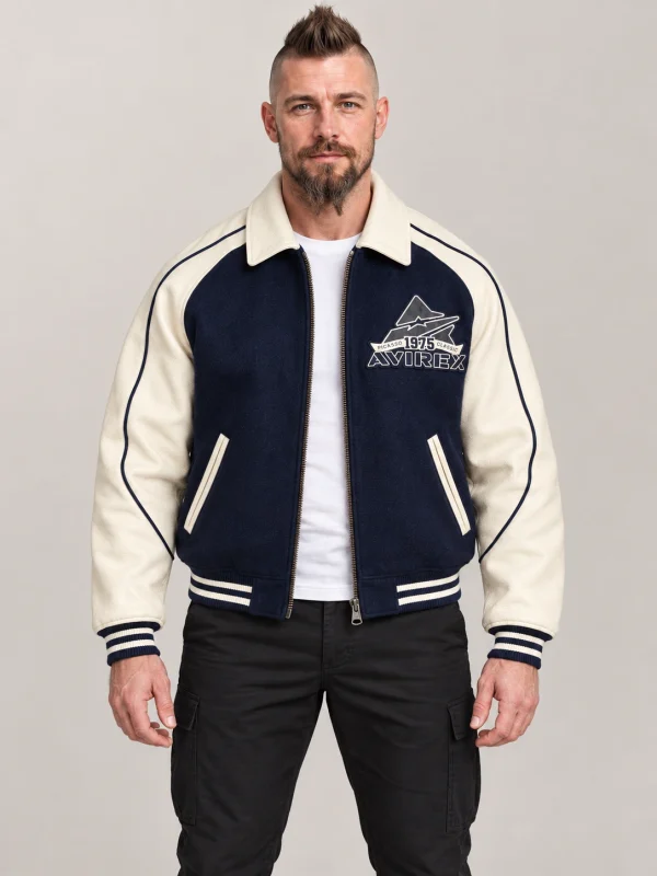 Men's Avirex Classic Wool Navy Blue Leather Varsity Jacket
