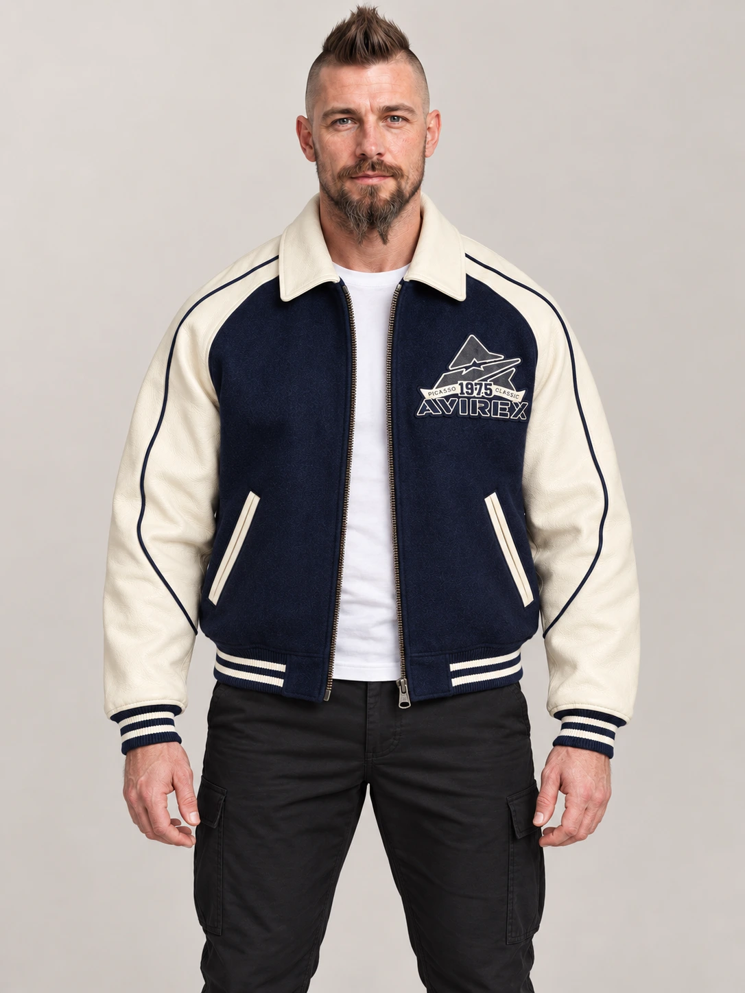 Men's Avirex Classic Wool Navy Blue Leather Varsity Jacket