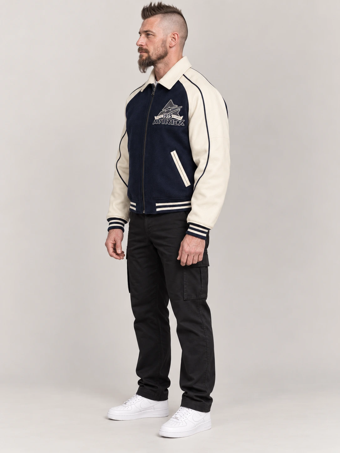 Men's Avirex Classic Wool Navy Blue Leather Varsity Jacket