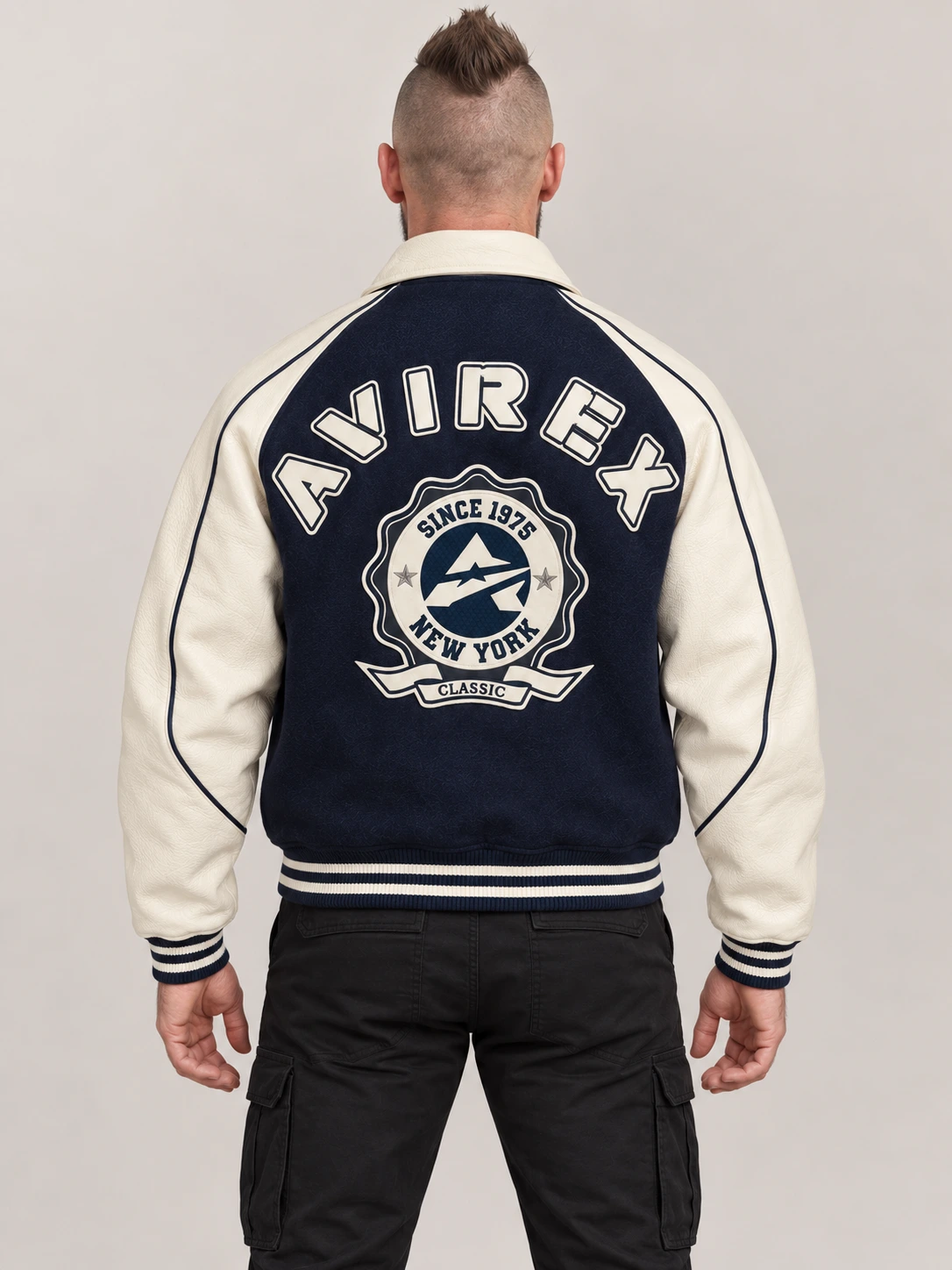 Men's Avirex Classic Wool Navy Blue Leather Varsity Jacket