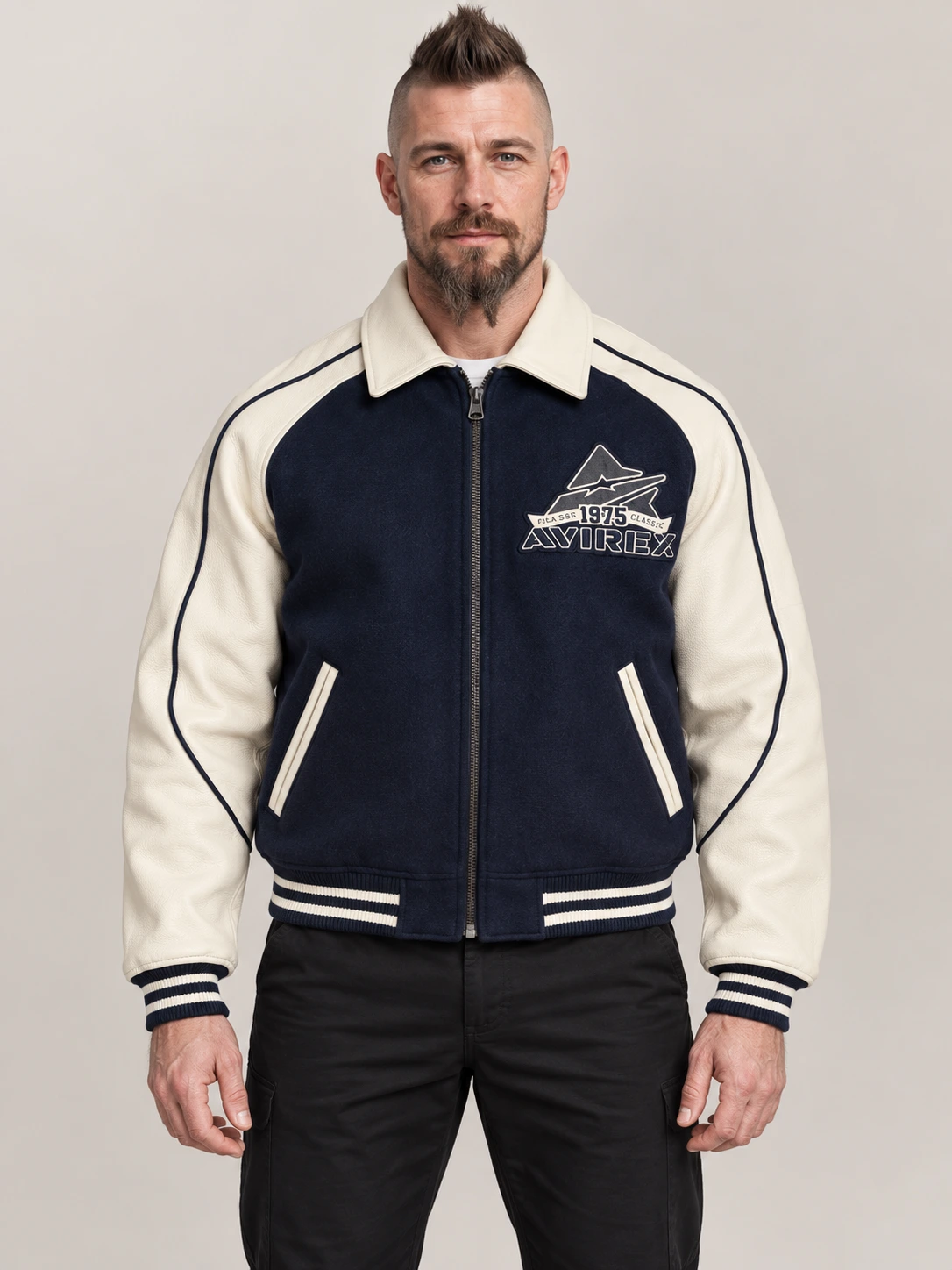 Men's Avirex Classic Wool Navy Blue Leather Varsity Jacket