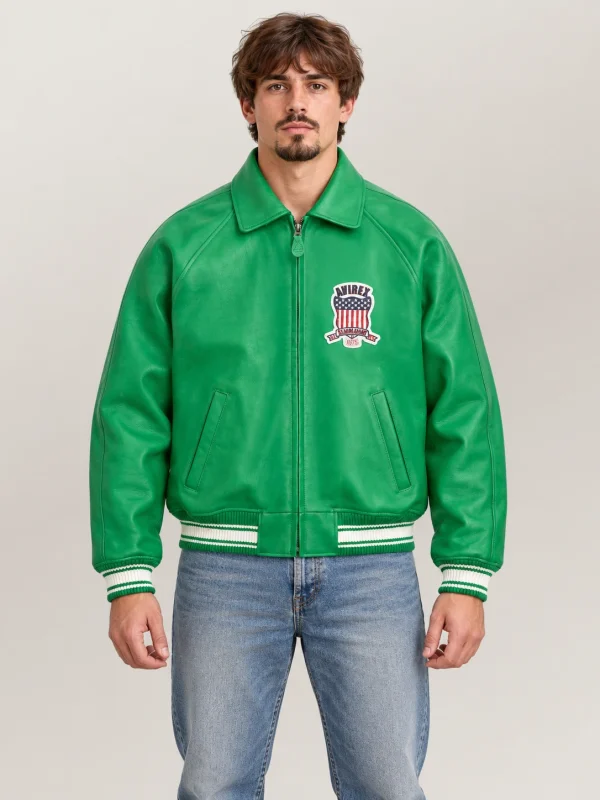 Men’s Avirex Real Leather Jacket Green Flight Bomber American Varsity