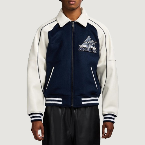 Men's Avirex Classic Wool Navy Blazer Leather Varsity Jacket