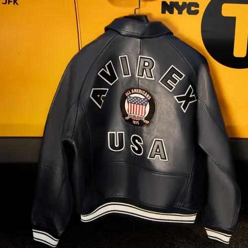 Men's Avirex Real Leather Jacket Black Flight Bomber American Varsity