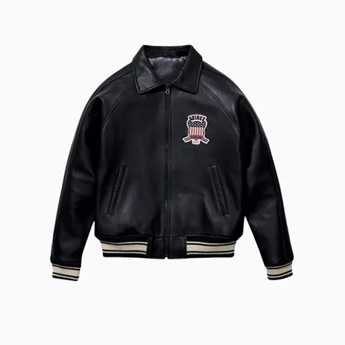 Men's Avirex Real Leather Jacket Black Flight Bomber American Varsity