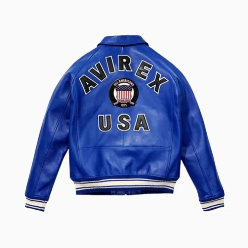 Men’s Avirex Real Leather Jacket Blue Flight Bomber American Varsity 1