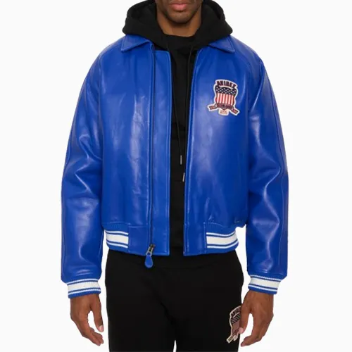 Men’s Avirex Real Leather Jacket Blue Flight Bomber American Varsity
