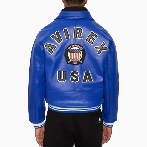 Men’s Avirex Real Leather Jacket Blue Flight Bomber American Varsity