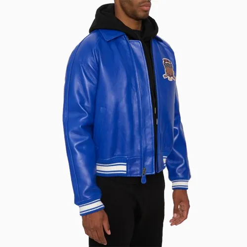 Men’s Avirex Real Leather Jacket Blue Flight Bomber American Varsity