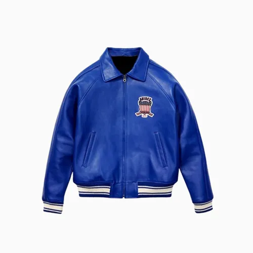 Men’s Avirex Real Leather Jacket Blue Flight Bomber American Varsity