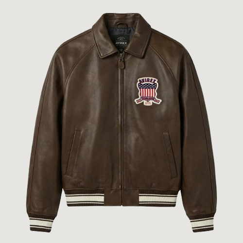 Men’s Avirex Real Leather Jacket Brown Flight Bomber American Varsity