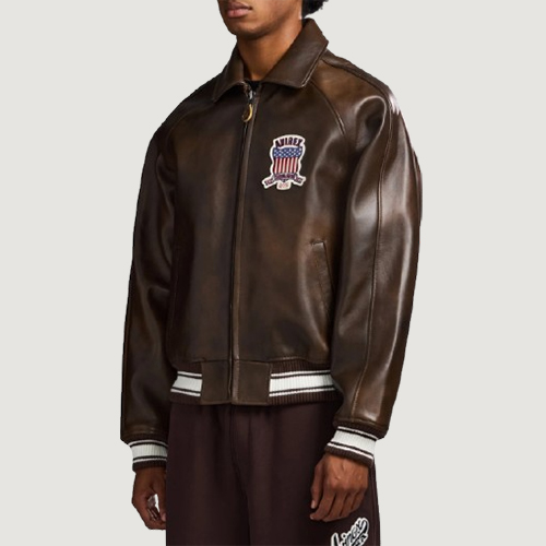 Men’s Avirex Real Leather Jacket Brown Flight Bomber American Varsity