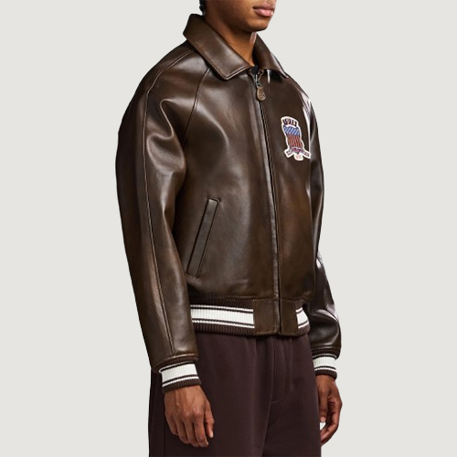 Men’s Avirex Real Leather Jacket Brown Flight Bomber American Varsity