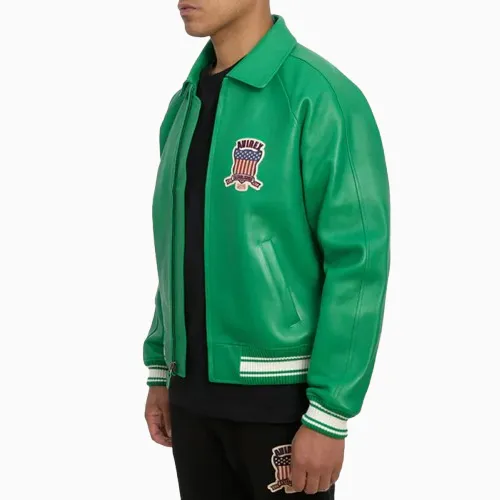 Men’s Avirex Real Leather Jacket Green Flight Bomber American Varsity